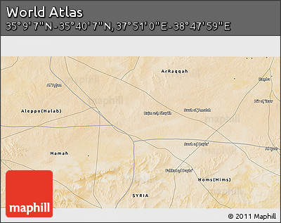 Satellite 3D Map of the Area around 35° 24' 37" N, 38° 19' 30" E
