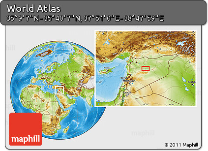 Physical Location Map of the Area around 35° 24' 37" N, 38° 19' 30" E