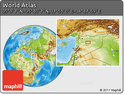 Physical Location Map of the Area around 35° 24' 37" N, 38° 19' 30" E