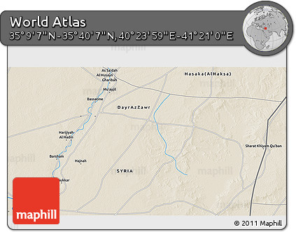 Shaded Relief 3D Map of the Area around 35° 24' 37" N, 40° 52' 30" E