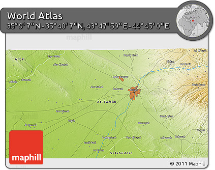 Physical 3D Map of the Area around 35° 24' 37" N, 44° 16' 29" E