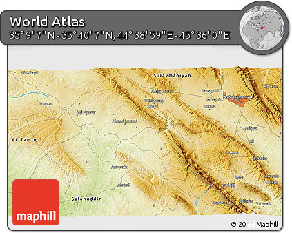 Physical 3D Map of the Area around 35° 24' 37" N, 45° 7' 30" E