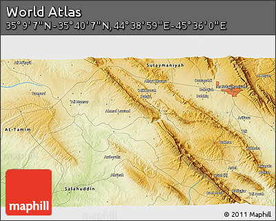 Physical 3D Map of the Area around 35° 24' 37" N, 45° 7' 30" E