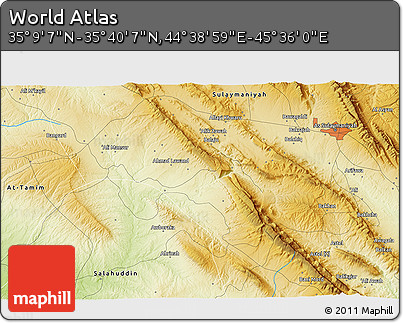 Physical 3D Map of the Area around 35° 24' 37" N, 45° 7' 30" E