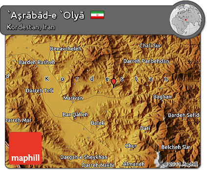 Physical Map of `Aşrābād-e `Olyā