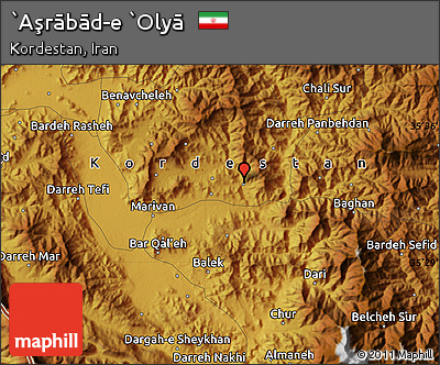 Physical Map of `Aşrābād-e `Olyā