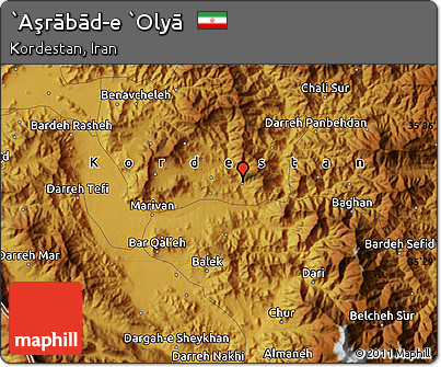 Physical Map of `Aşrābād-e `Olyā