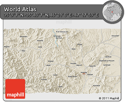 Shaded Relief 3D Map of the Area around 35° 24' 37" N, 46° 49' 30" E