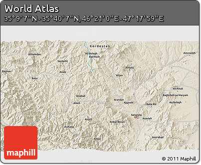 Shaded Relief 3D Map of the Area around 35° 24' 37" N, 46° 49' 30" E