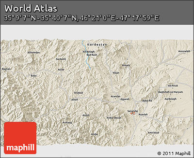 Shaded Relief 3D Map of the Area around 35° 24' 37" N, 46° 49' 30" E