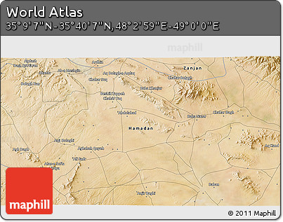 Satellite 3D Map of the Area around 35° 24' 37" N, 48° 31' 29" E