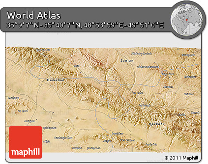 Satellite 3D Map of the Area around 35° 24' 37" N, 49° 22' 30" E