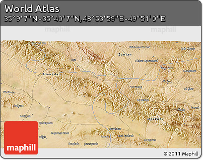 Satellite 3D Map of the Area around 35° 24' 37" N, 49° 22' 30" E