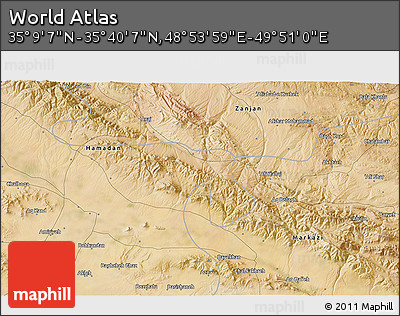 Satellite 3D Map of the Area around 35° 24' 37" N, 49° 22' 30" E