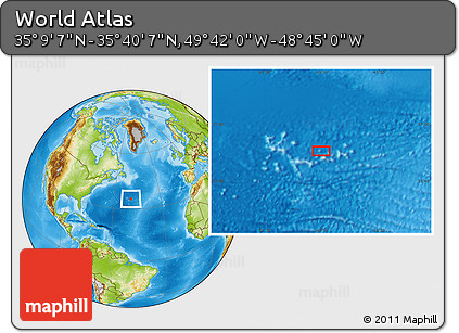 Physical Location Map of the Area around 35° 24' 37" N, 49° 13' 30" W