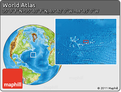 Physical Location Map of the Area around 35° 24' 37" N, 49° 13' 30" W