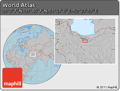 Gray Location Map of the Area around 35° 24' 37" N, 51° 55' 29" E, hill shading