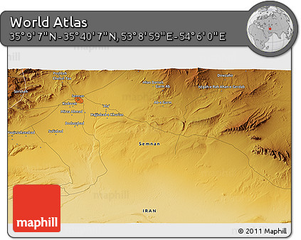 Physical 3D Map of the Area around 35° 24' 37" N, 53° 37' 30" E