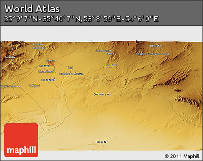 Physical 3D Map of the Area around 35° 24' 37" N, 53° 37' 30" E