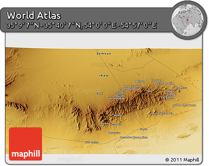 Physical 3D Map of the Area around 35° 24' 37" N, 54° 28' 30" E
