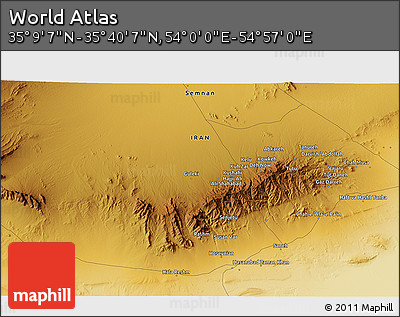 Physical 3D Map of the Area around 35° 24' 37" N, 54° 28' 30" E