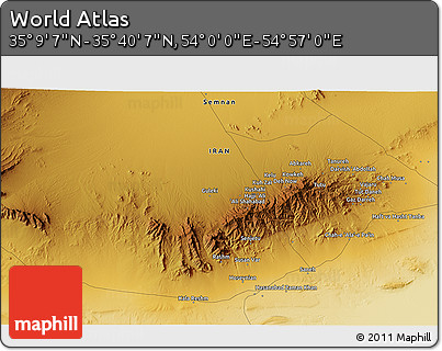 Physical 3D Map of the Area around 35° 24' 37" N, 54° 28' 30" E