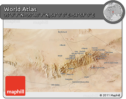 Satellite 3D Map of the Area around 35° 24' 37" N, 54° 28' 30" E