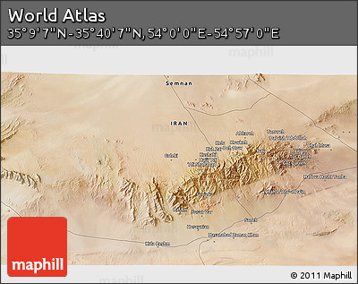 Satellite 3D Map of the Area around 35° 24' 37" N, 54° 28' 30" E
