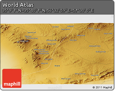 Physical 3D Map of the Area around 35° 24' 37" N, 57° 1' 29" E