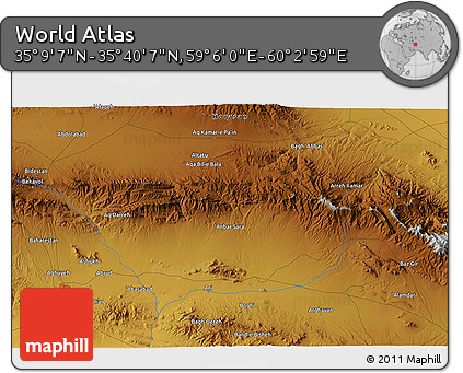 Physical 3D Map of the Area around 35° 24' 37" N, 59° 34' 30" E