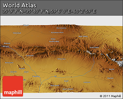 Physical 3D Map of the Area around 35° 24' 37" N, 59° 34' 30" E