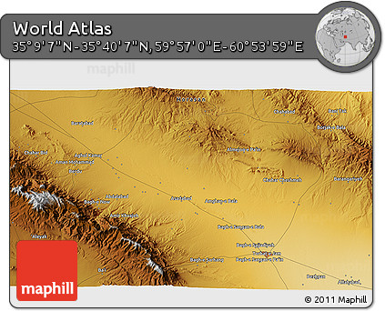 Physical 3D Map of the Area around 35° 24' 37" N, 60° 25' 29" E