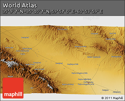 Physical 3D Map of the Area around 35° 24' 37" N, 60° 25' 29" E
