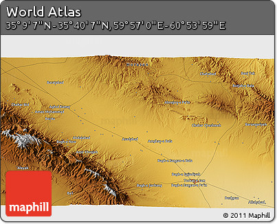 Physical 3D Map of the Area around 35° 24' 37" N, 60° 25' 29" E