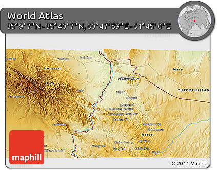 Physical 3D Map of the Area around 35° 24' 37" N, 61° 16' 29" E