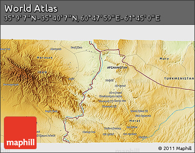 Physical 3D Map of the Area around 35° 24' 37" N, 61° 16' 29" E
