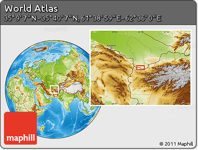 Physical Location Map of the Area around 35° 24' 37" N, 62° 7' 30" E