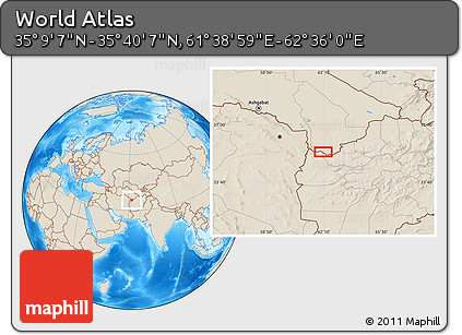 Shaded Relief Location Map of the Area around 35° 24' 37" N, 62° 7' 30" E