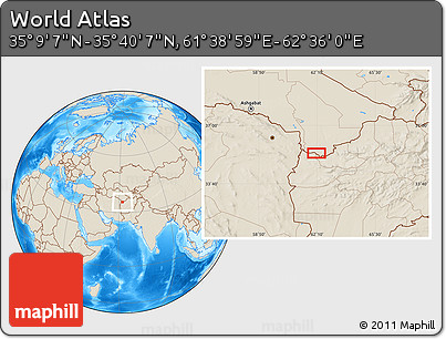 Shaded Relief Location Map of the Area around 35° 24' 37" N, 62° 7' 30" E