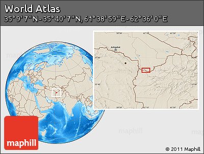 Shaded Relief Location Map of the Area around 35° 24' 37" N, 62° 7' 30" E