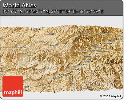 Satellite 3D Map of the Area around 35° 24' 37" N, 68° 4' 29" E