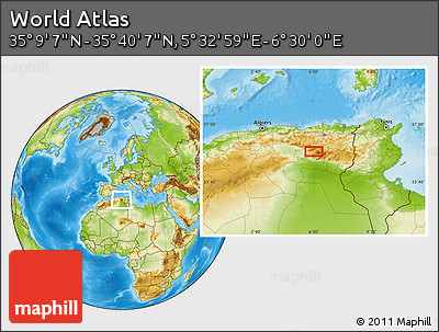 Physical Location Map of the Area around 35° 24' 37" N, 6° 1' 30" E