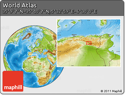 Physical Location Map of the Area around 35° 24' 37" N, 6° 1' 30" E