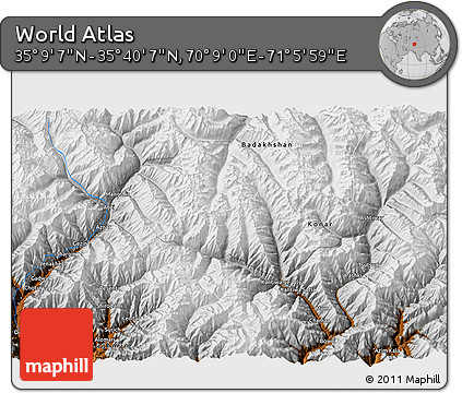 Physical 3D Map of the Area around 35° 24' 37" N, 70° 37' 30" E