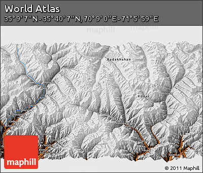 Physical 3D Map of the Area around 35° 24' 37" N, 70° 37' 30" E