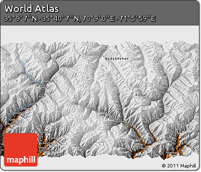 Physical 3D Map of the Area around 35° 24' 37" N, 70° 37' 30" E
