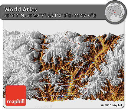 Physical 3D Map of the Area around 35° 24' 37" N, 71° 28' 29" E