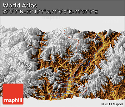 Physical 3D Map of the Area around 35° 24' 37" N, 71° 28' 29" E