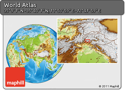 Physical Location Map of the Area around 35° 24' 37" N, 72° 19' 29" E
