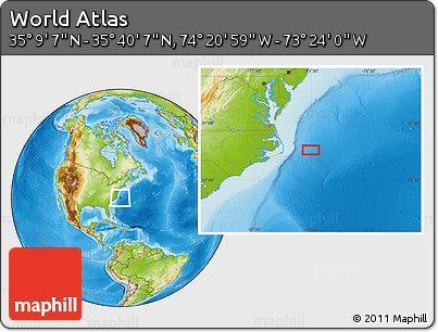 Physical Location Map of the Area around 35° 24' 37" N, 73° 52' 30" W